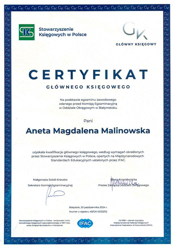 Certyfikat Głównego Księgowego Stowarzyszenia Księgowych w Polsce wystawiony dla Anety Magdaleny Malinowskiej